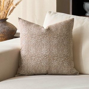 Aldernest Floral Pillow Covers 18x18 Throw Pillow Covers Block Print Vintage Decorative Neutral Pillow Cover for Couch Bed Living Room Light Camel 1PC