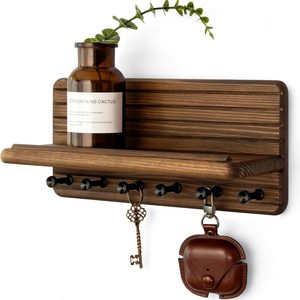 Birchmont Pine Wood Key Holder Wall Mount with Shelf for Entryway, Brown, 1.1 pounds