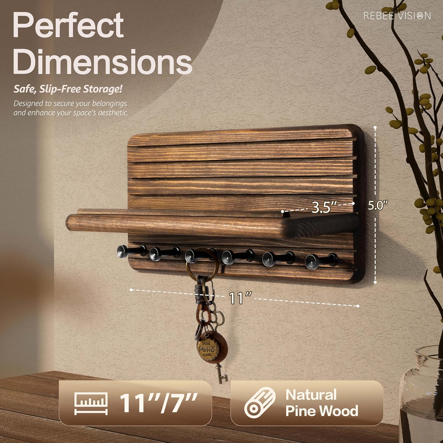 Birchmont Pine Wood Key Holder Wall Mount with Shelf for Entryway, Brown, 1.1 pounds