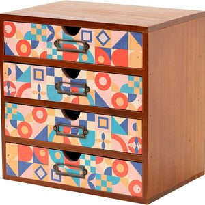 Aldernest Add Color To Your Desk - MCM Geometric Wooden Desk Organizer - Desktop Storage with 4-Drawer - Wood Cabinet for Office Supplies