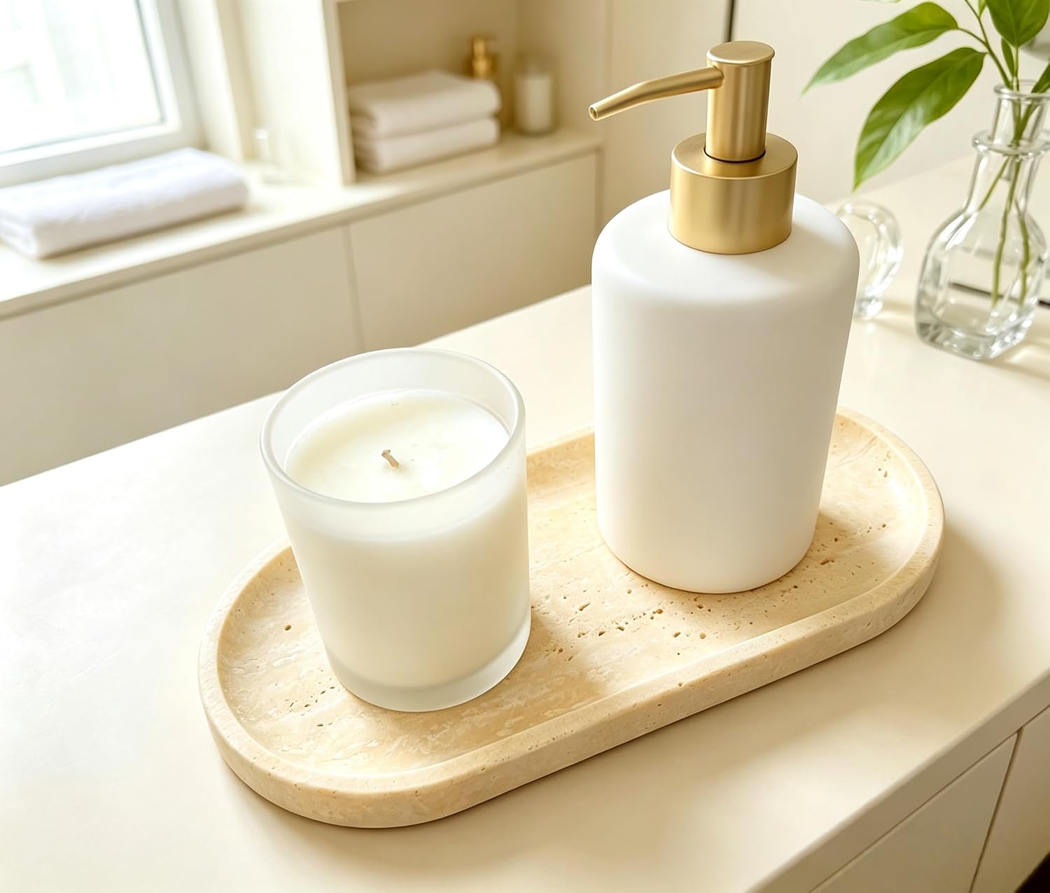 Ashenby Beige Travertine Vanity Tray | Natural Stone Bathroom Organizer, 0.9 kg