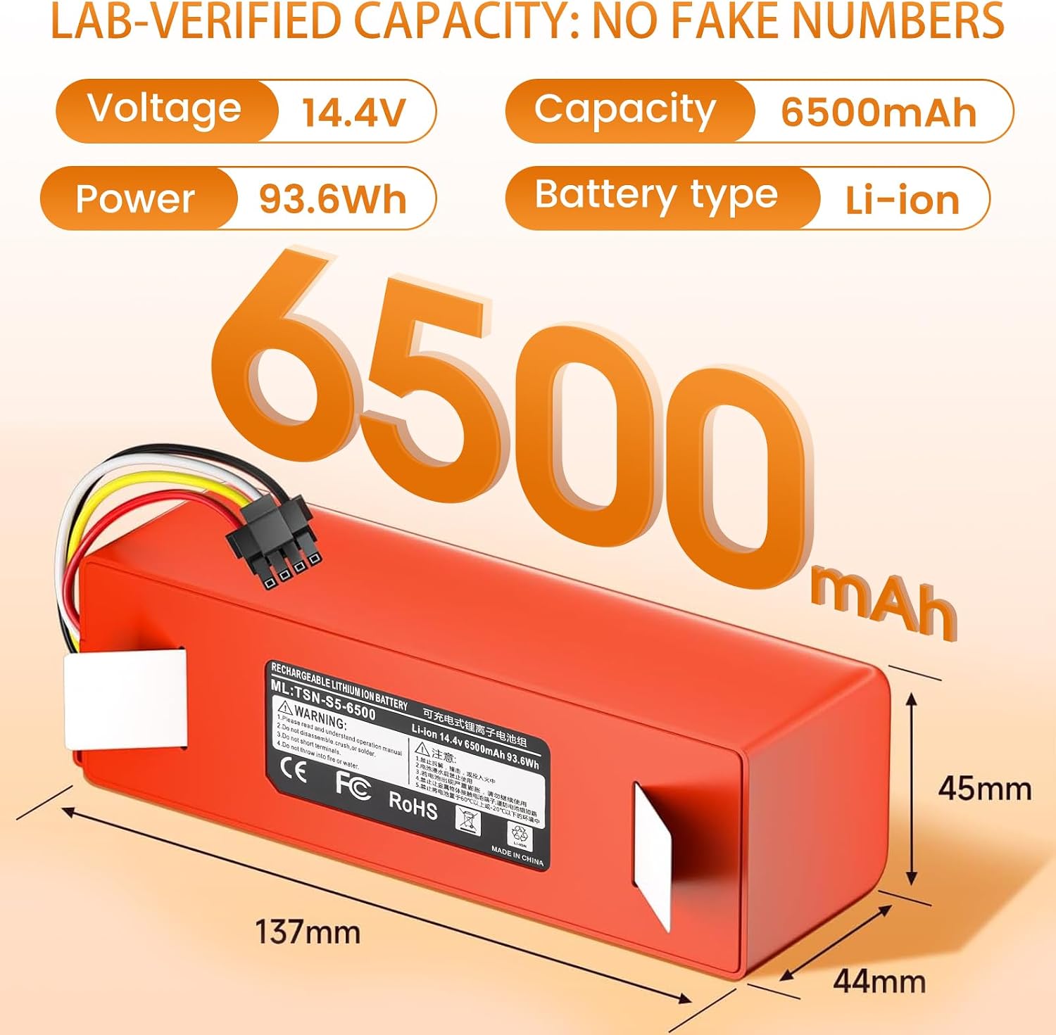 DomiCasa 14.4V 6500mAh Replacement Battery for Roborock S4 S5 S50 S6 S7 Max, 0.5 kg