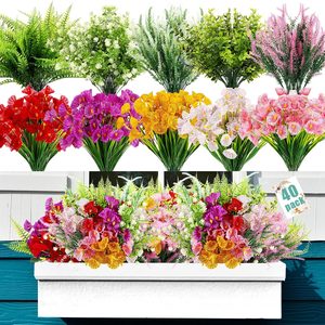 Birchmont 40 Bundles Artificial Flowers for Outdoor No Fade Faux Artificial Plants Shrubs Colorful Decor Plastic Fake Flower 10 Kinds UV Resistant