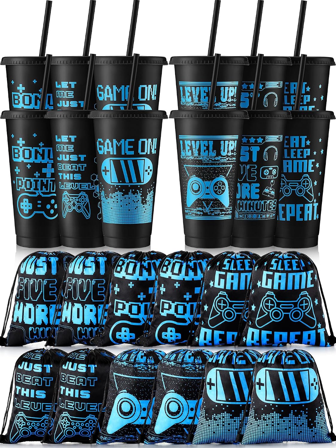 Aldernest 24 Pcs Video Game Party Favors, Game Plastic Cup with Lids, Blue, Black, 2.4 pounds