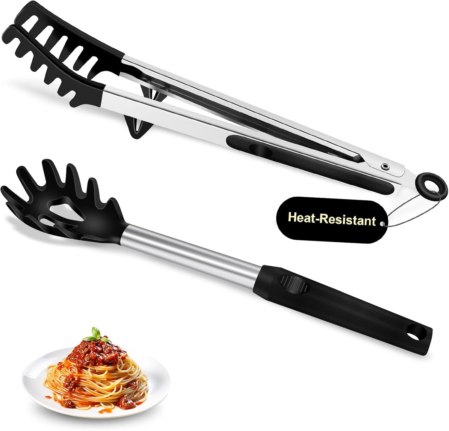 Ashenby 2-Piece Silicone Spaghetti Spoon and Pasta Tong Set, 0.25 kg, Black