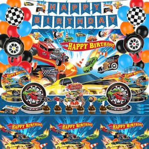 VelloHome 153Pcs Hot Race Car Happy Birthday Party Decorations Race Cars Tableware Set Racing Paper Plates Napkins Backdrop Tablecloth Banner Balloon