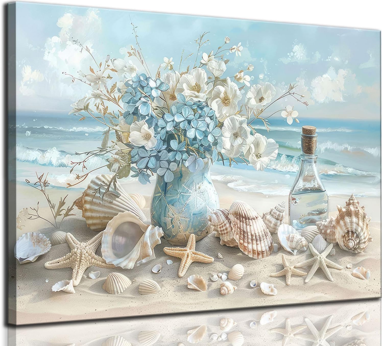 Ashenby Blue Ocean Beach Bathroom Canvas Wall Art Seaside Seashell Painting Print Artwork Starfish with White Flower Coastal Picture Wall Decor for