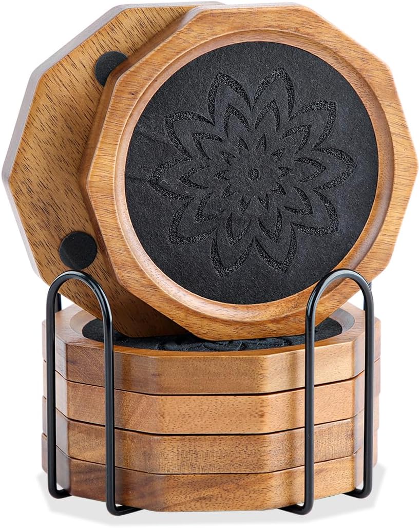 Barleyfield Wood Coasters for Drinks Absorbent with Lip, 13.28 ounces, Black Felt, 6 Count