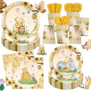 VelloHome 140pcs Classic Bear Baby Shower Decorations Baby Shower Party Tableware with Plates, Napkin, Forks