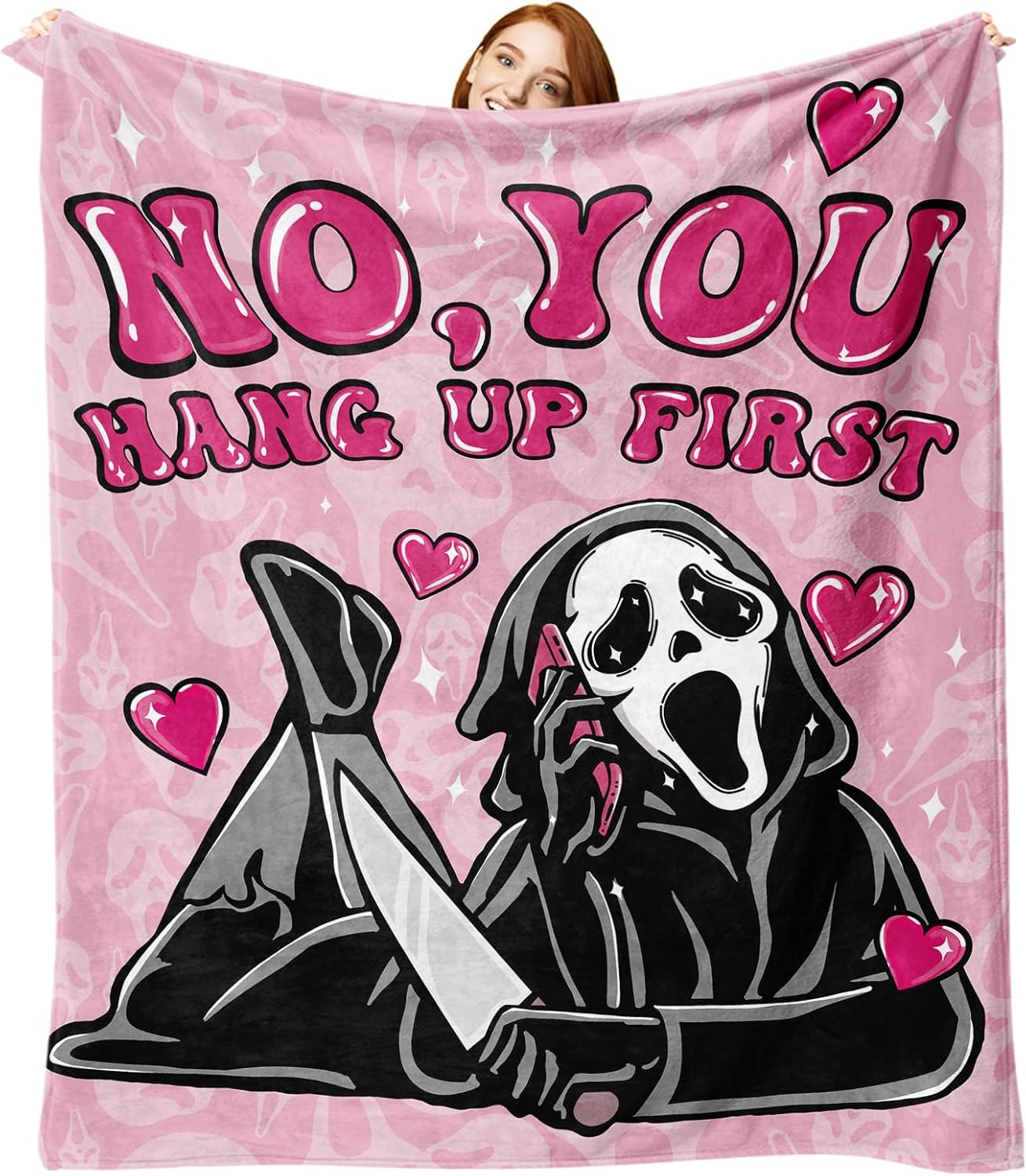 Aldernest Grim Reaper Pink Horror Flannel Throw Blanket, No You Hang up First, 50 x 60
