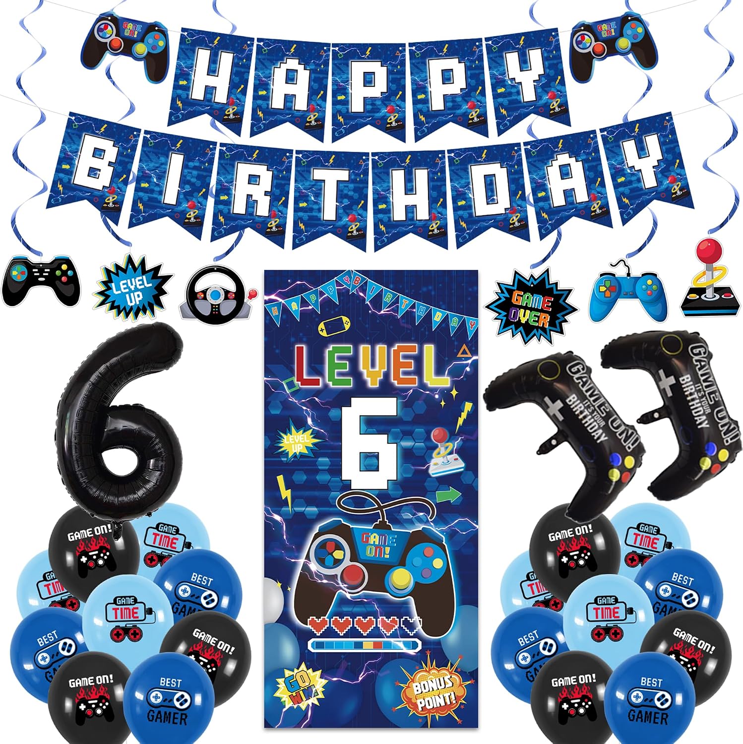 Ashenby Blue 6th Birthday Decorations for Boys, Blue, Black