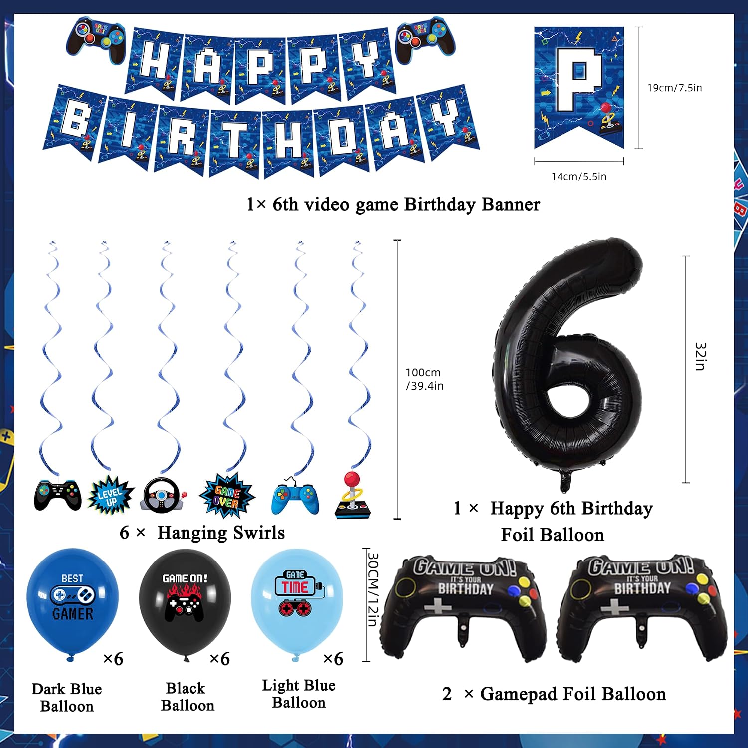 Ashenby Blue 6th Birthday Decorations for Boys, Blue, Black