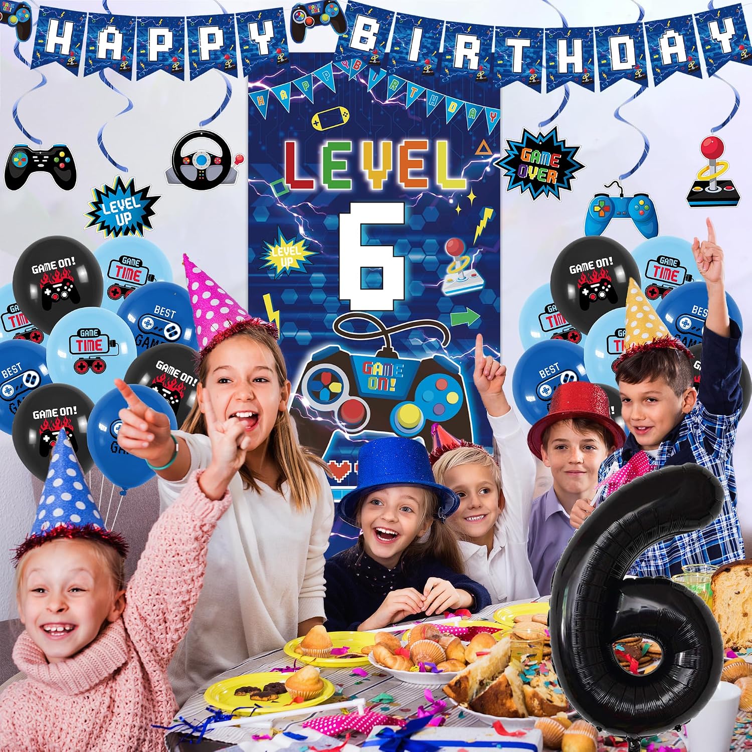 Ashenby Blue 6th Birthday Decorations for Boys, Blue, Black