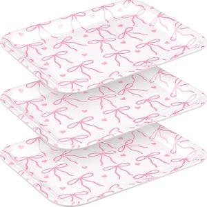 Ashenby 3 Pcs Pink Bow Serving Tray Bowknot Reusable Plate Dish 13" x 10" Decorative Tray Platter for Serving Food Room Organiser Home Party Supplies