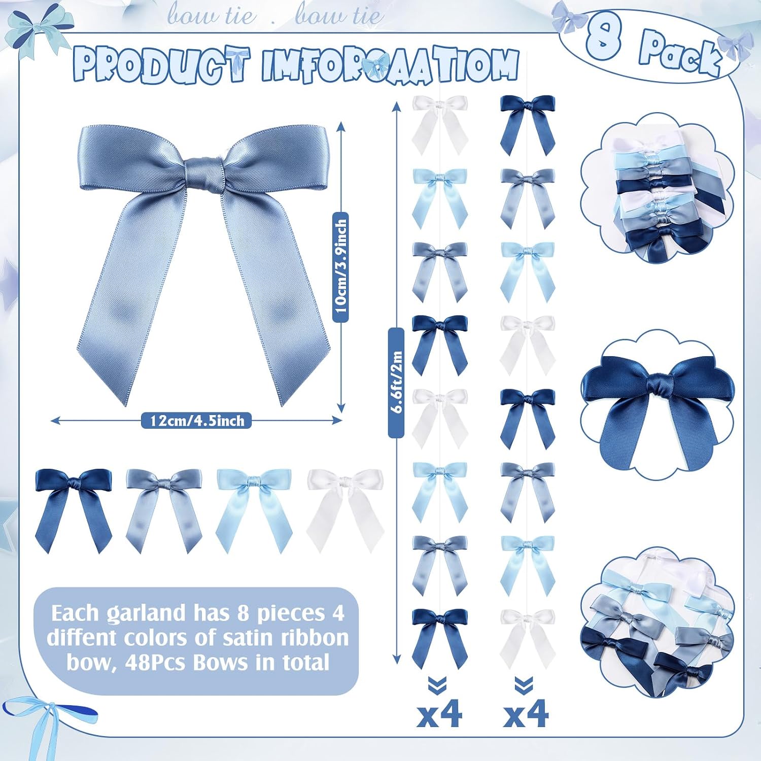 Ashenby 8 Pcs Ribbon Bow Decor Garland 6.6 ft, Blue, 1 Inch, 6.72 ounces