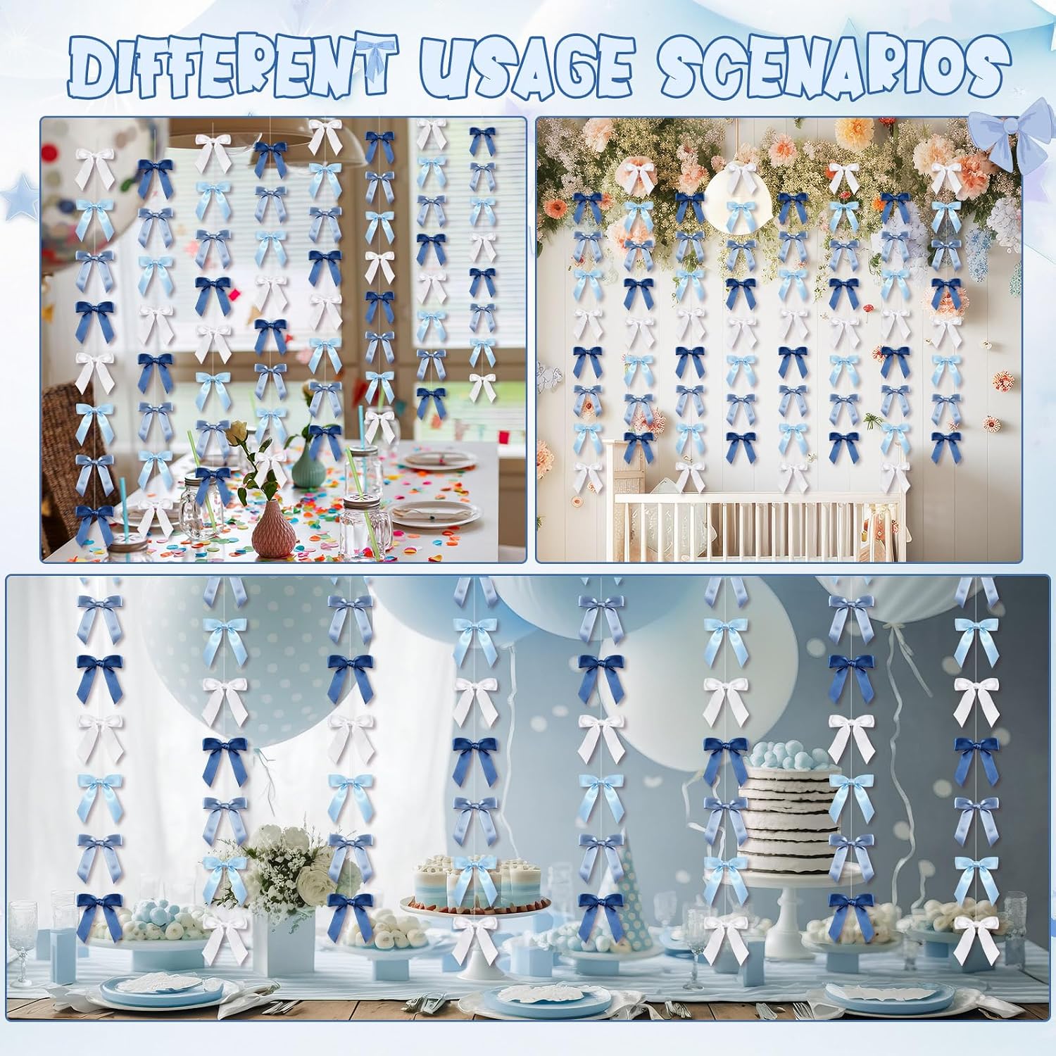 Ashenby 8 Pcs Ribbon Bow Decor Garland 6.6 ft, Blue, 1 Inch, 6.72 ounces