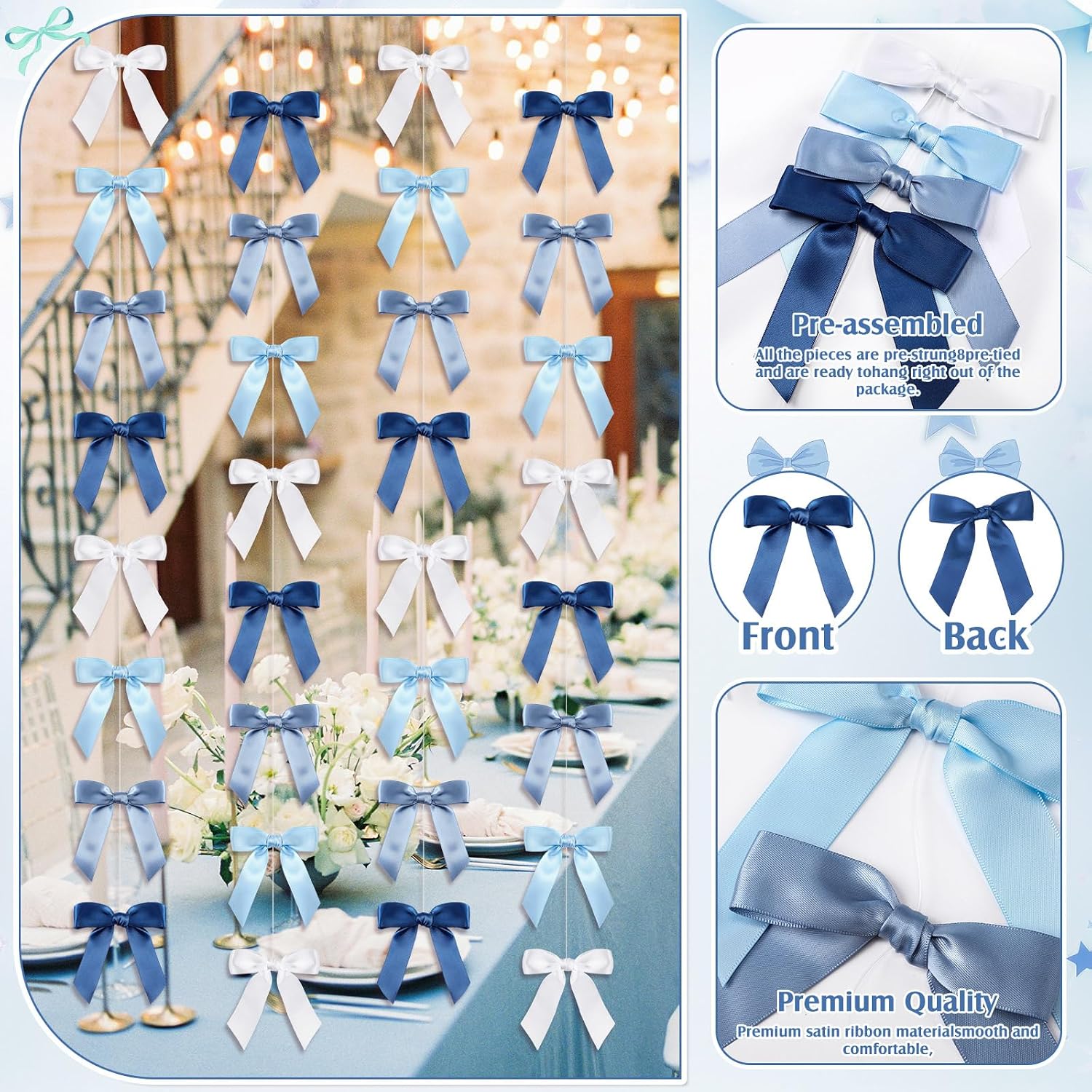 Ashenby 8 Pcs Ribbon Bow Decor Garland 6.6 ft, Blue, 1 Inch, 6.72 ounces
