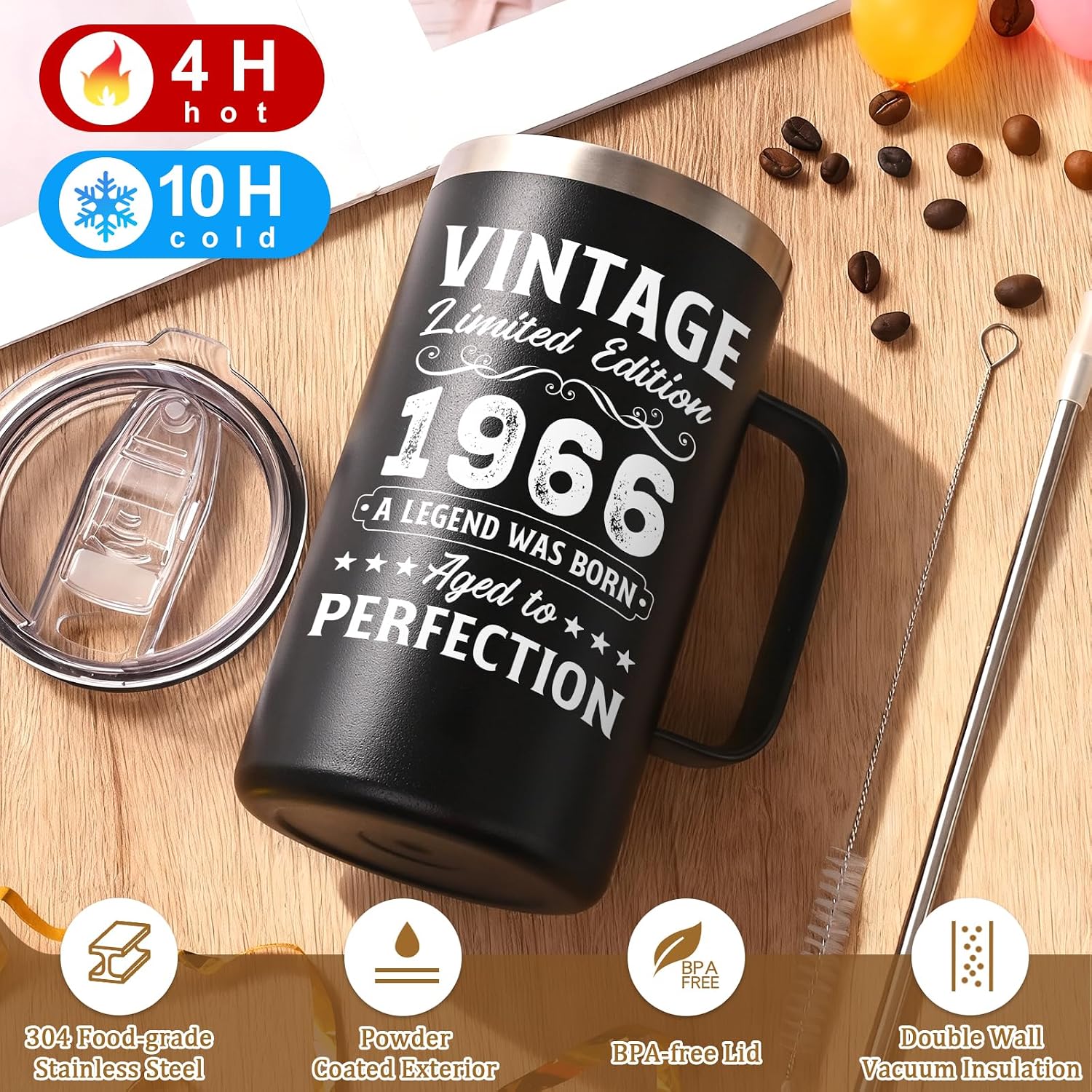 Aldernest 60th Birthday Gifts, Vintage 1966 Aged To Perfection 20oz Insulated Coffee Mug, 0.44 kg