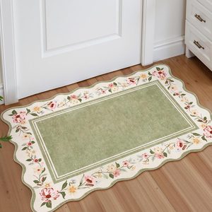 Aldernest Floral 2x3 Rug, Green Kitchen Rugs Washable Scalloped Bathroom Rug, 0.64 kg