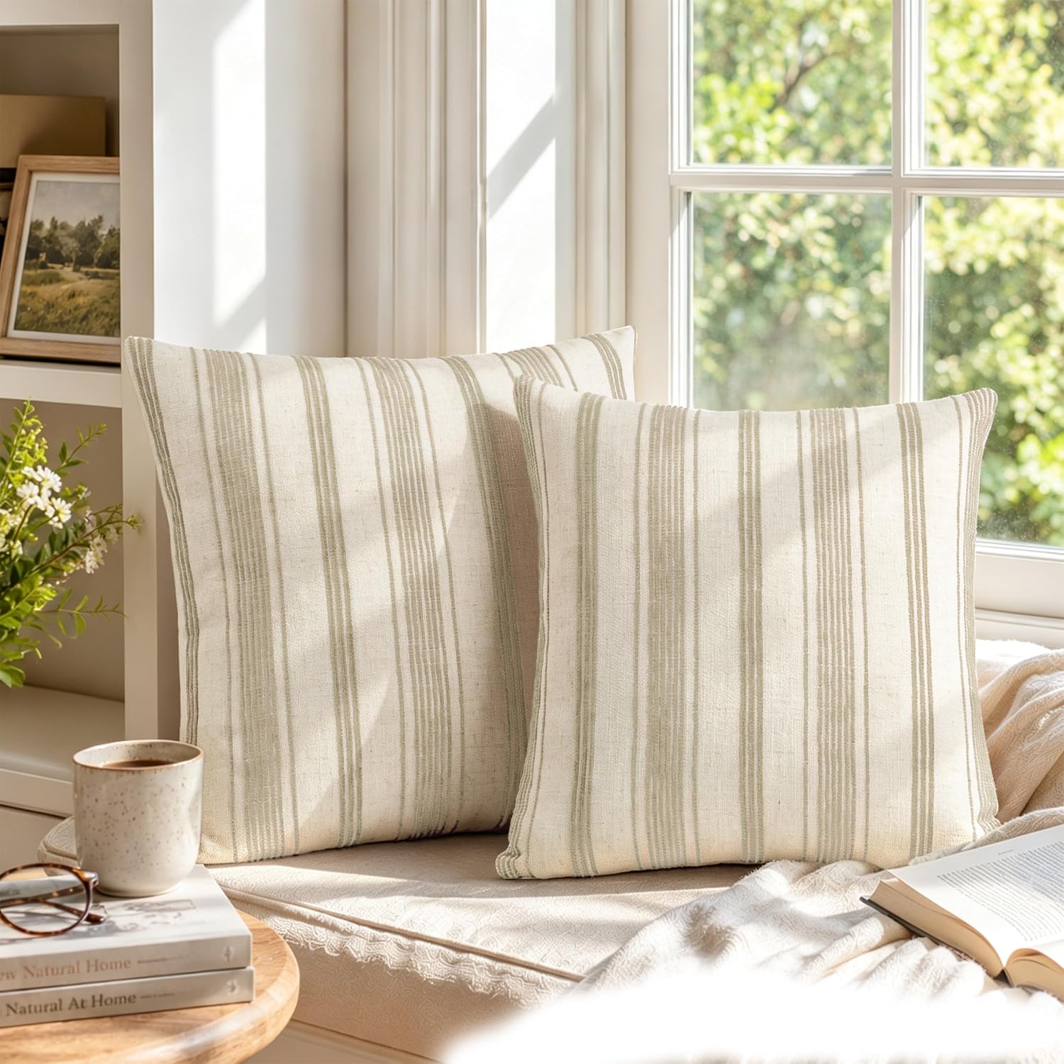 Aldernest 18x18 Decorative Farmhouse Linen Throw Pillow Covers, Beige With Brown, 4 Count