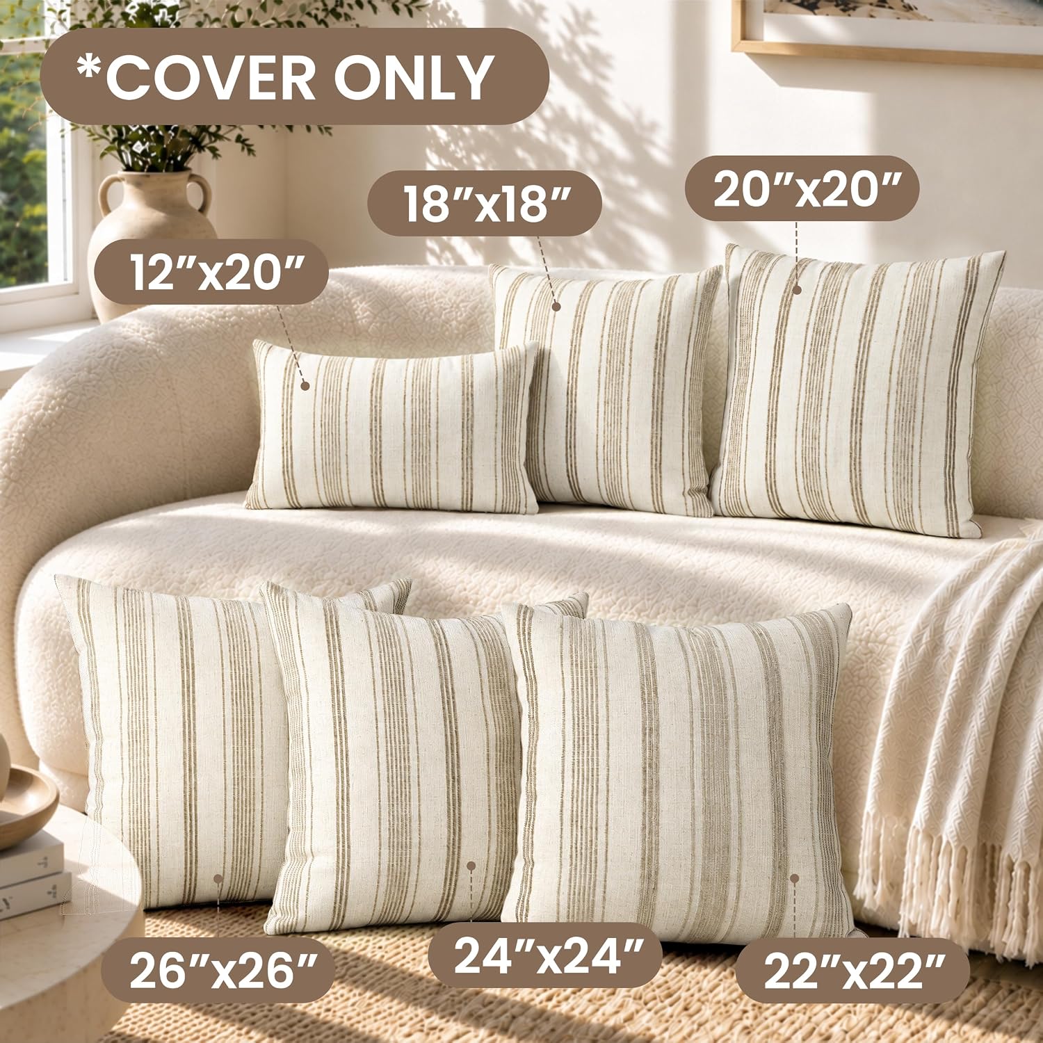 Aldernest 18x18 Decorative Farmhouse Linen Throw Pillow Covers, Beige With Brown, 4 Count