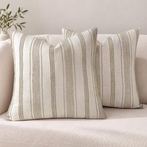 Aldernest 18x18 Decorative Farmhouse Linen Throw Pillow Covers, Beige With Brown, 4 Count