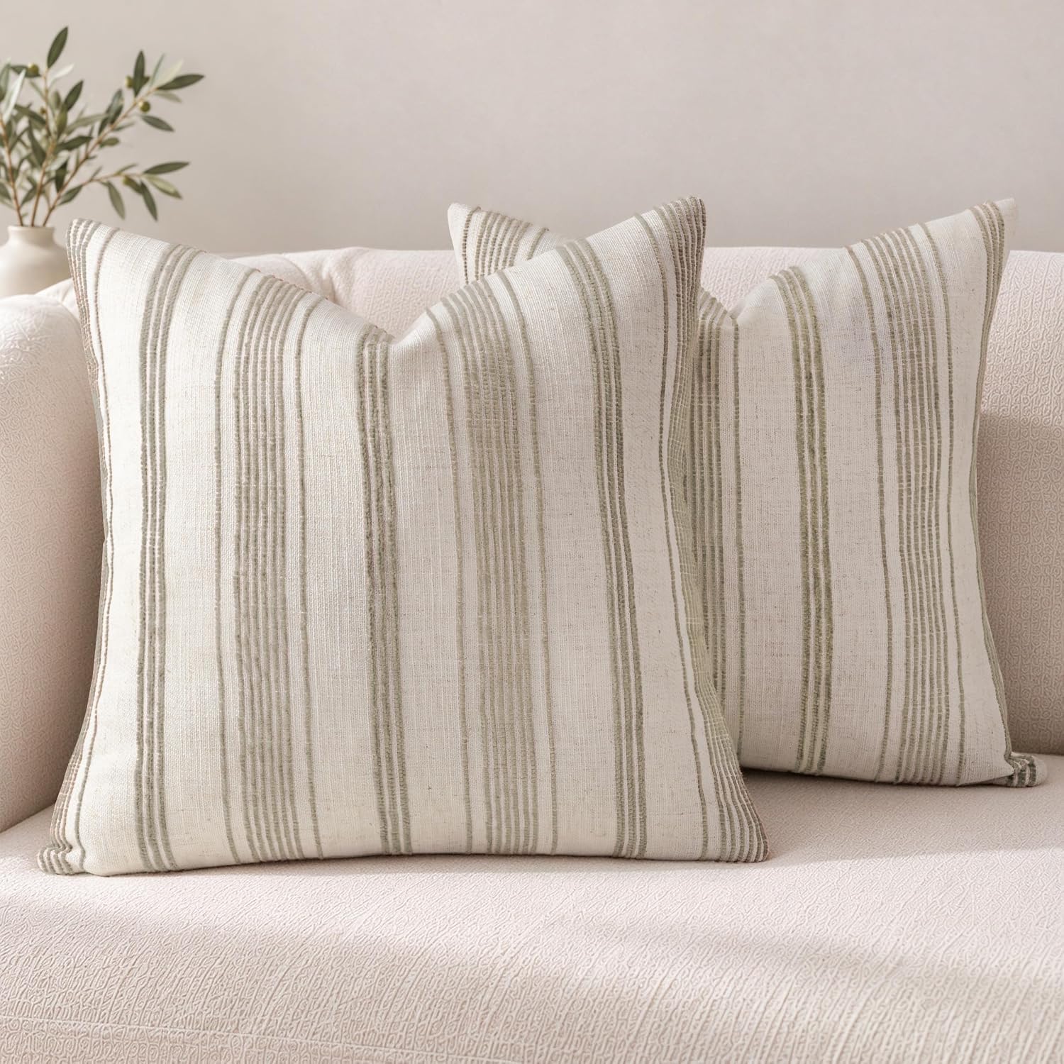 Aldernest 18x18 Decorative Farmhouse Linen Throw Pillow Covers, Beige With Brown, 4 Count