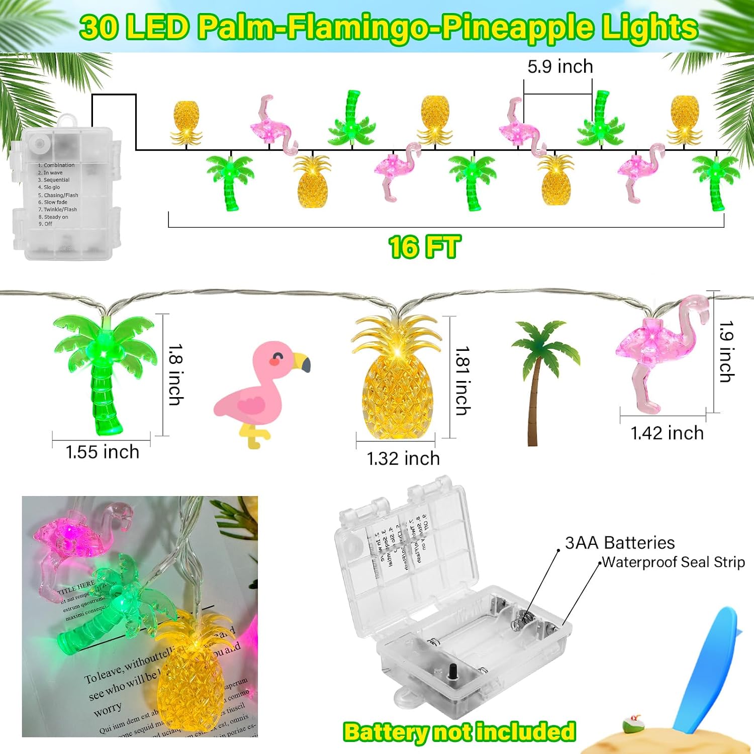 Tanglewick 30 LED 16Ft Summer Beach Hawaiian String Lights - 8 Modes & Timer - Flamingo Pineapple Palm Tree Fairy Lights - Battery Operated for