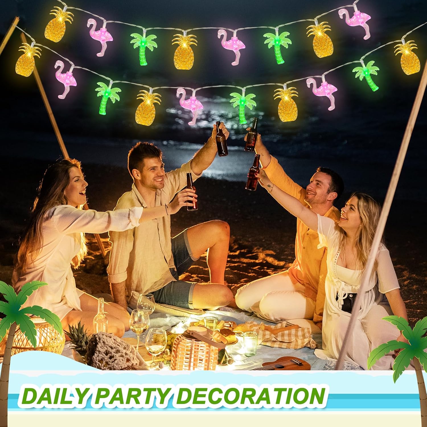 Tanglewick 30 LED 16Ft Summer Beach Hawaiian String Lights - 8 Modes & Timer - Flamingo Pineapple Palm Tree Fairy Lights - Battery Operated for