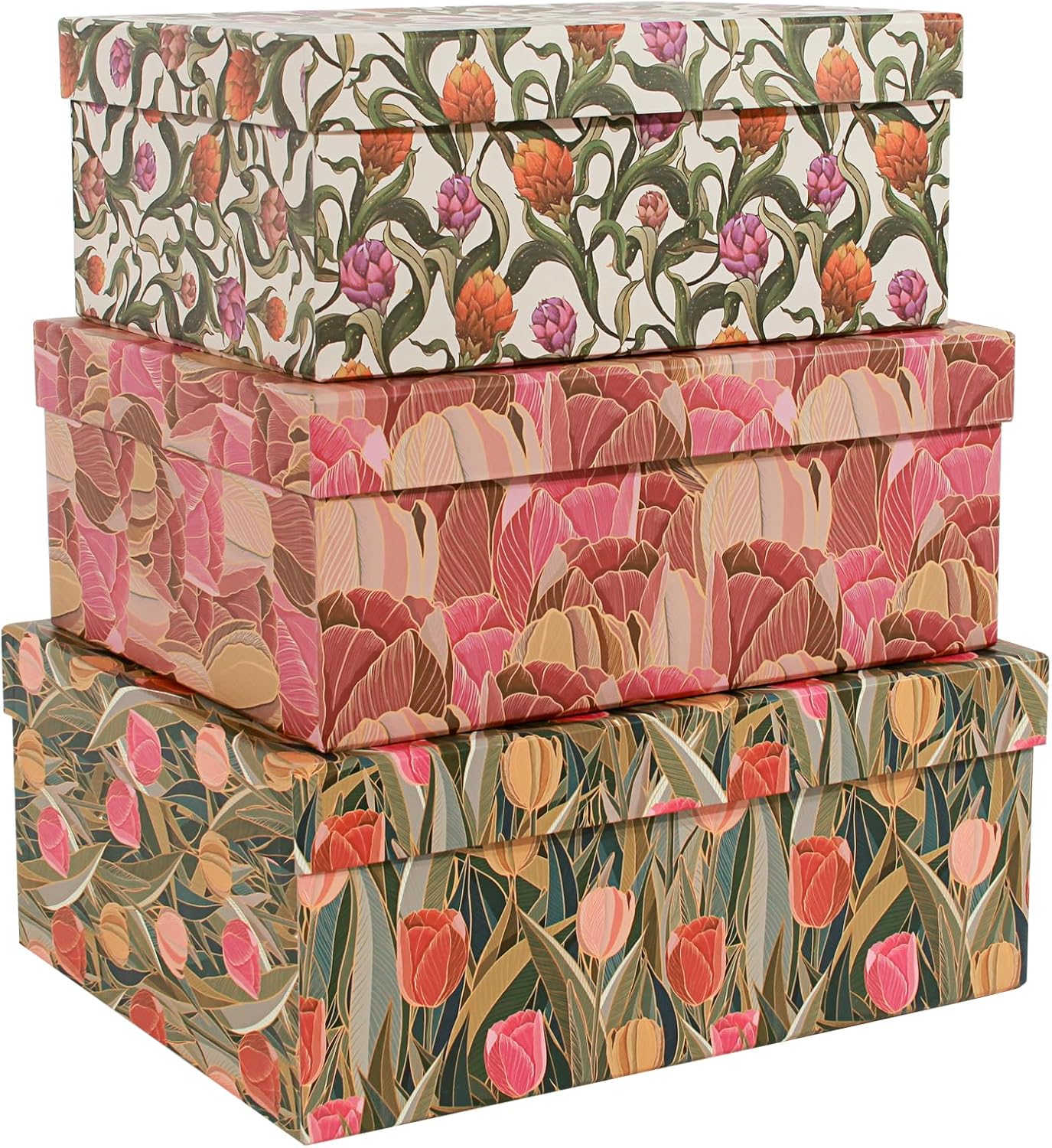 Aldernest 3-Piece Decorative Storage Boxes with Lids, Tulip Design, Vintage Floral, 1.6 pounds
