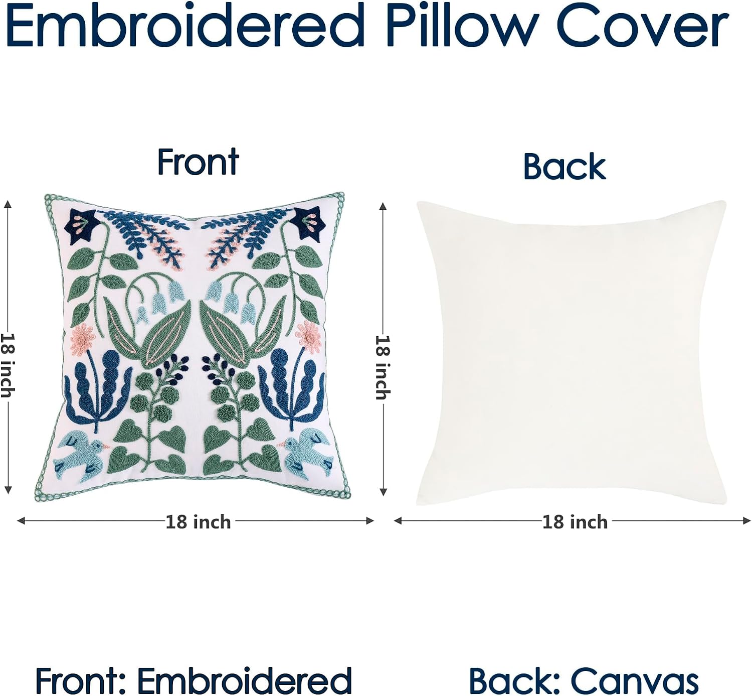 VelloHome Tropical Green Leave Embroidered Throw Pillow Covers, 18x18, Set of 2