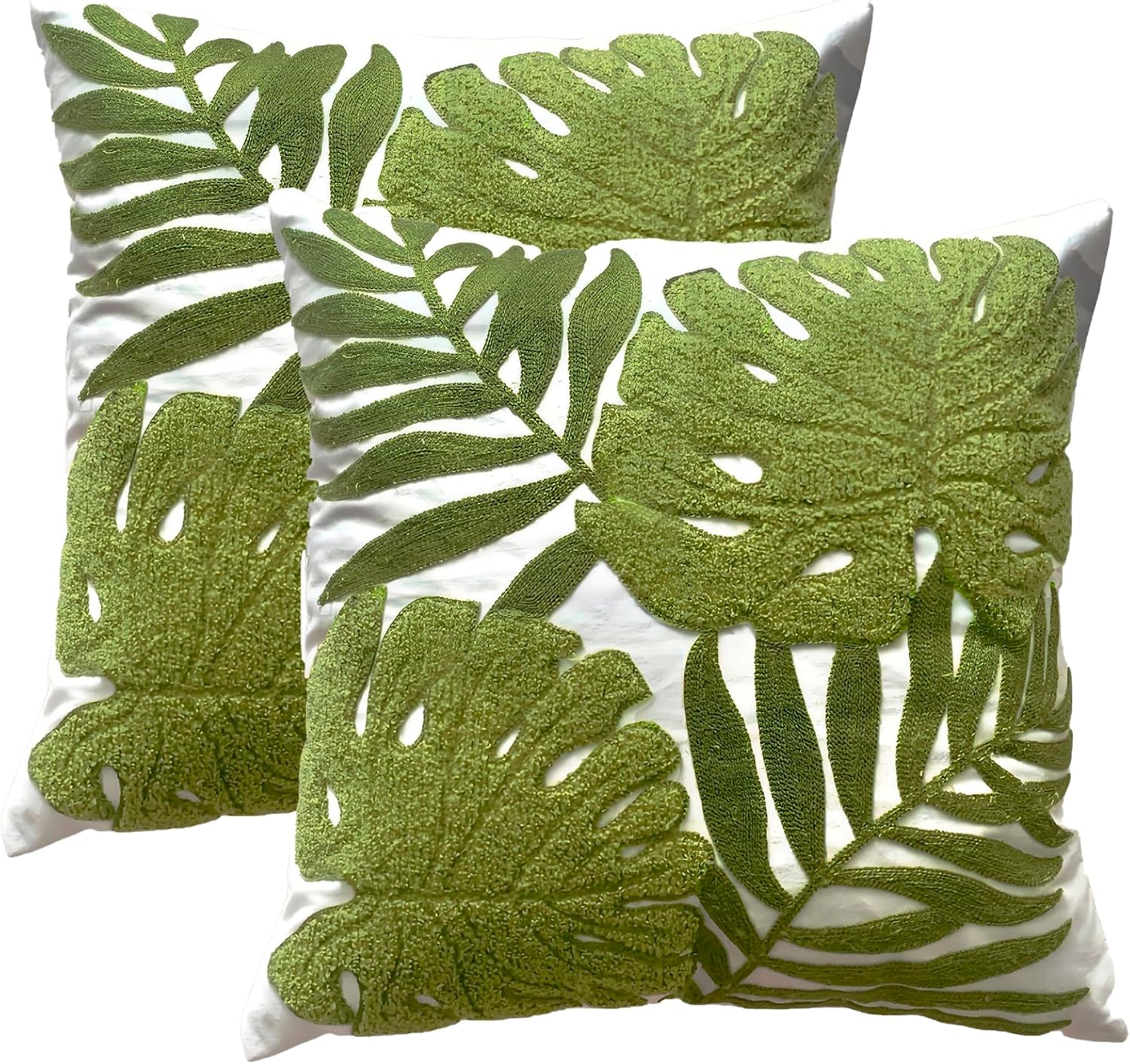 VelloHome Tropical Green Leave Embroidered Throw Pillow Covers, 18x18, Set of 2