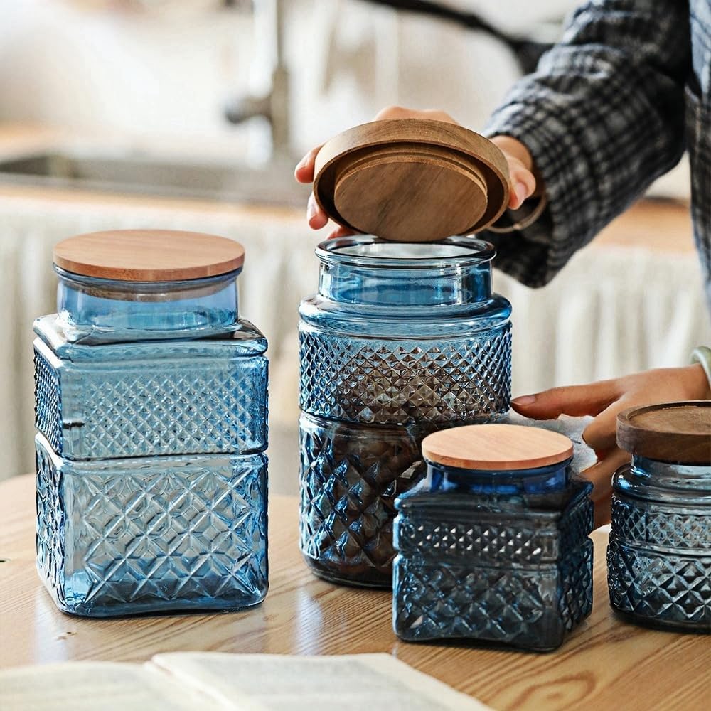 Barleyfield Square Glass Canister, 61oz Candy Jar with Lid, Coffee Canister, 1.01 kg, Blue-Square