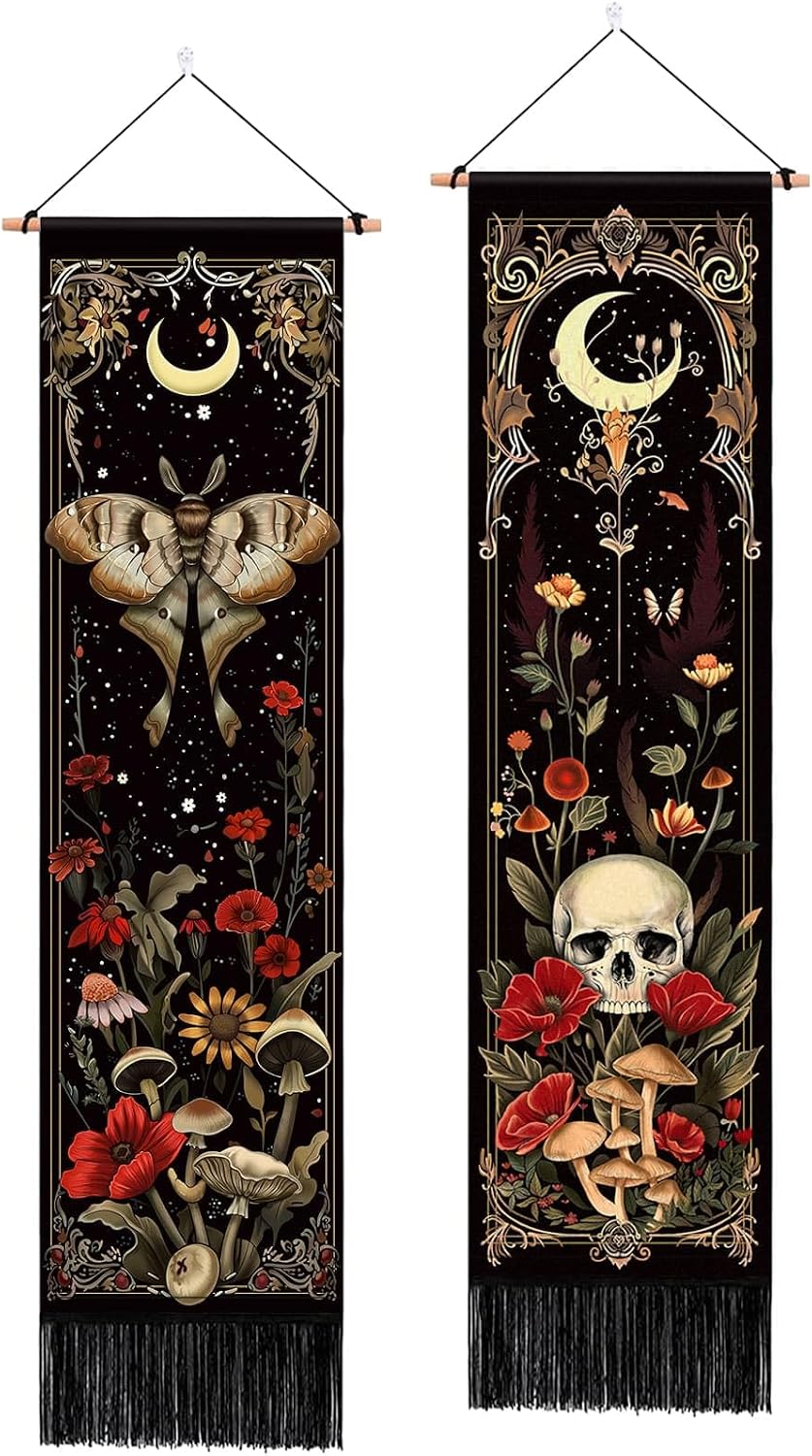 Ashenby 2 Pack Witchy Gothic Wall Decor, Moth Skull Tapestry for Room 12.8x51.2, 0.36 kg, colours