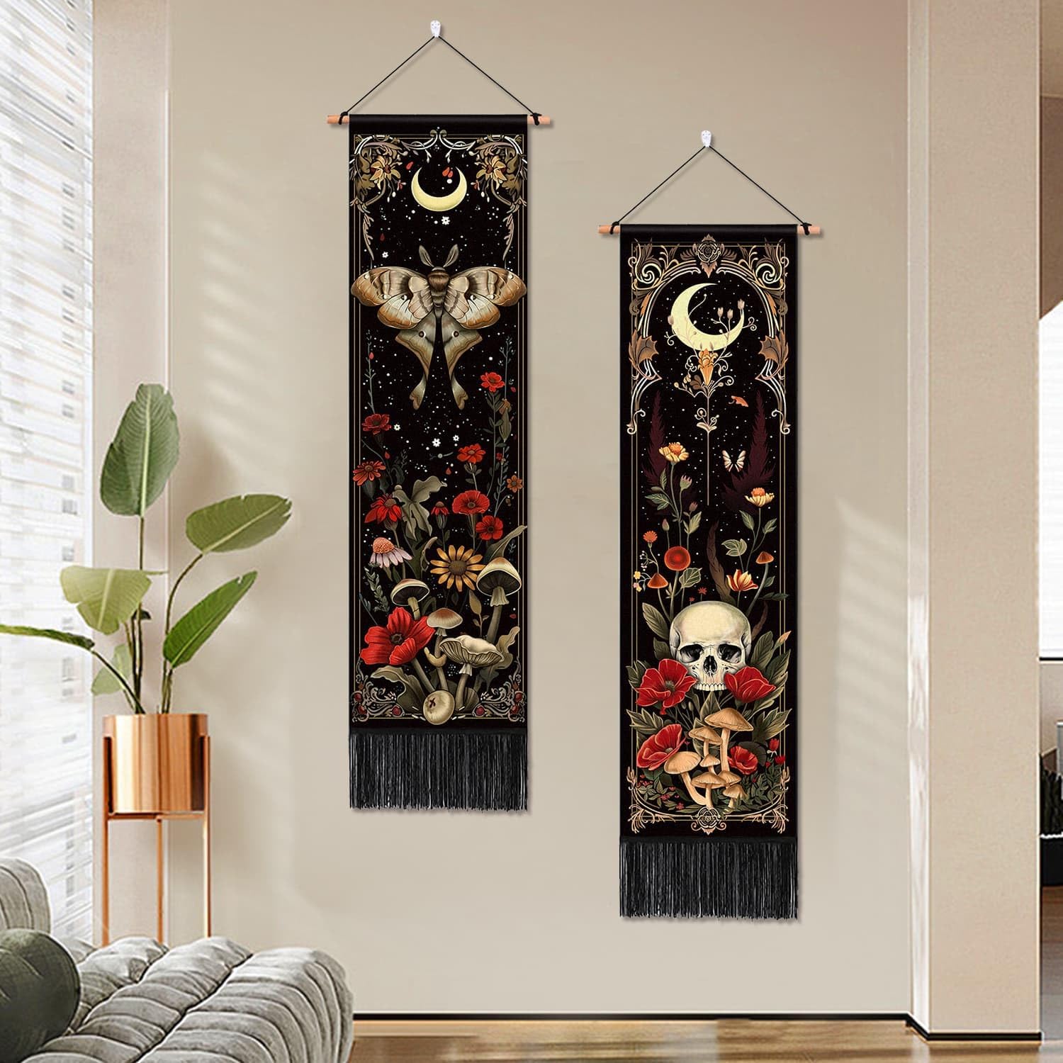 Ashenby 2 Pack Witchy Gothic Wall Decor, Moth Skull Tapestry for Room 12.8x51.2, 0.36 kg, colours