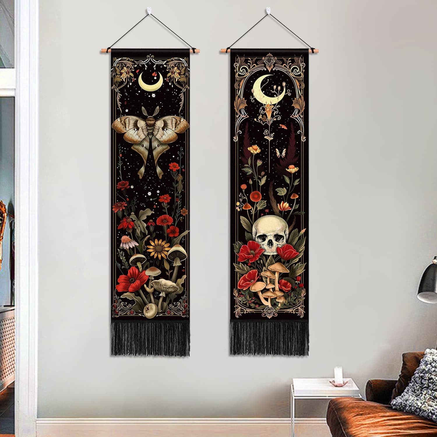 Ashenby 2 Pack Witchy Gothic Wall Decor, Moth Skull Tapestry for Room 12.8x51.2, 0.36 kg, colours