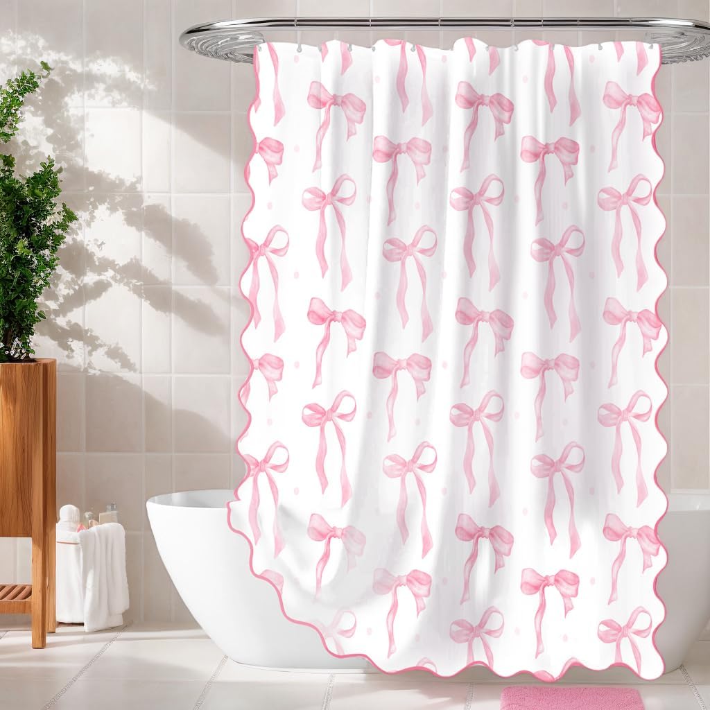 Aldernest Girls Pink Bow Shower Curtain with Scalloped for Preppy Bathroom Decor, 0.66 kg, 72"W x 72"L (Pack of 1)