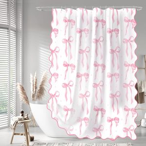 Aldernest Girls Pink Bow Shower Curtain with Scalloped for Preppy Bathroom Decor, 0.66 kg, 72"W x 72"L (Pack of 1)