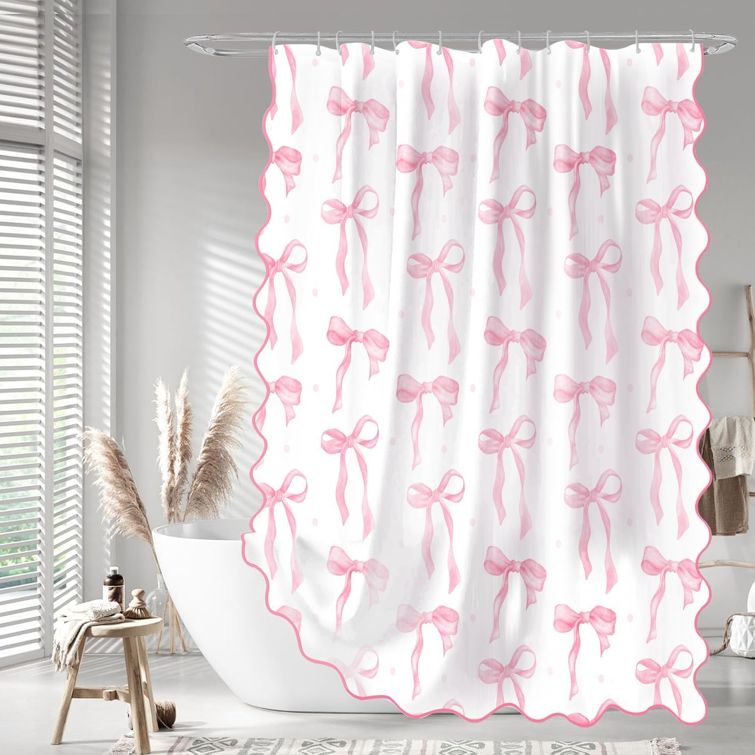 Aldernest Girls Pink Bow Shower Curtain with Scalloped for Preppy Bathroom Decor, 0.66 kg, 72"W x 72"L (Pack of 1)