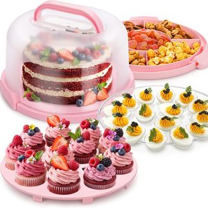 Aldernest Cake Carrier with Lid and Handle, 3 in 1 Multipurpose Cupcake Holder for 10 In Cake, 0.58 kg, Pink