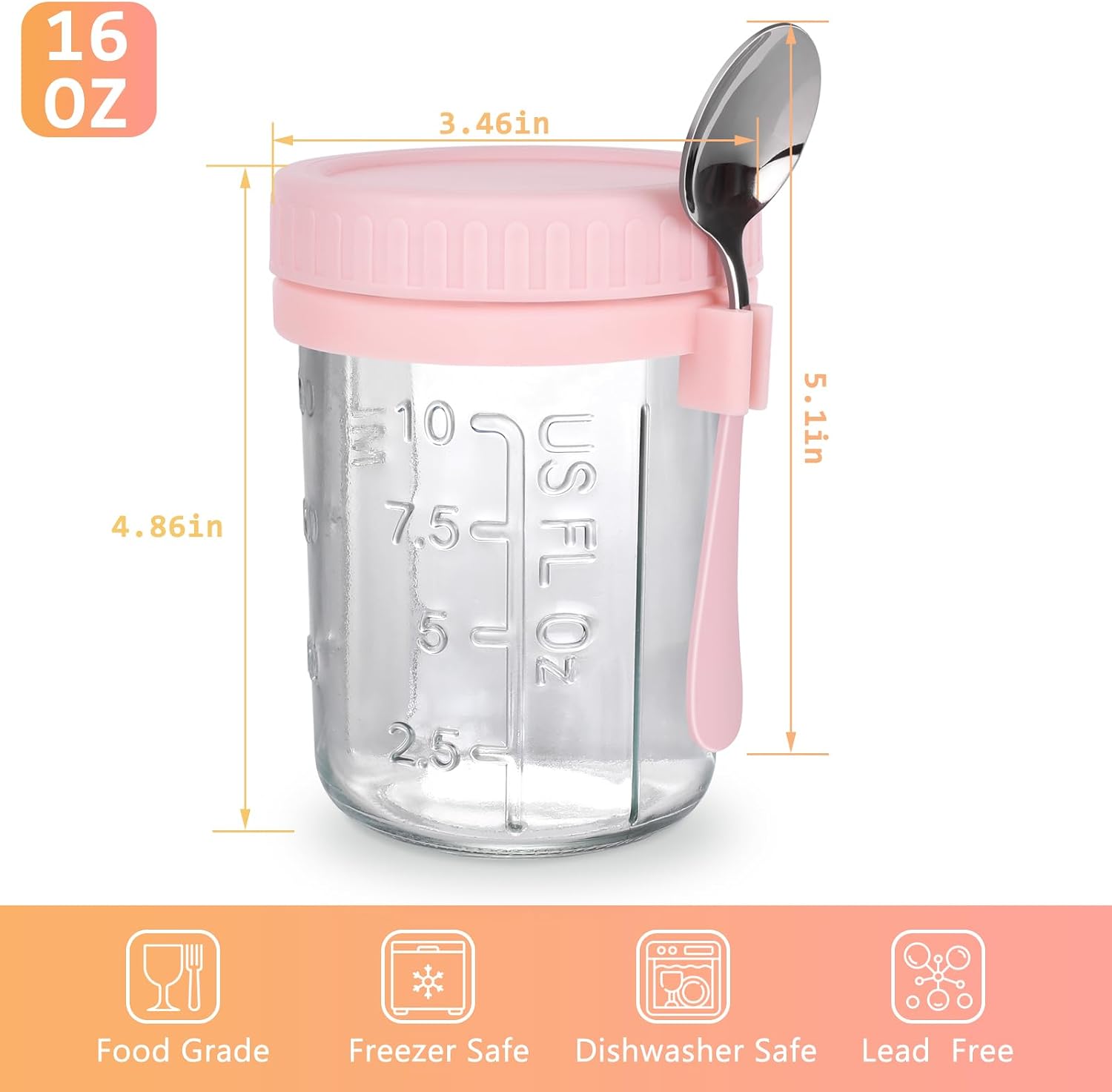 Birchmont 6 Pack Overnight Oats Containers with Lids & Spoons, 16 OZ Glass Mason Jars, 2.07 kg, Pink