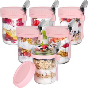 Birchmont 6 Pack Overnight Oats Containers with Lids & Spoons, 16 OZ Glass Mason Jars, 2.07 kg, Pink