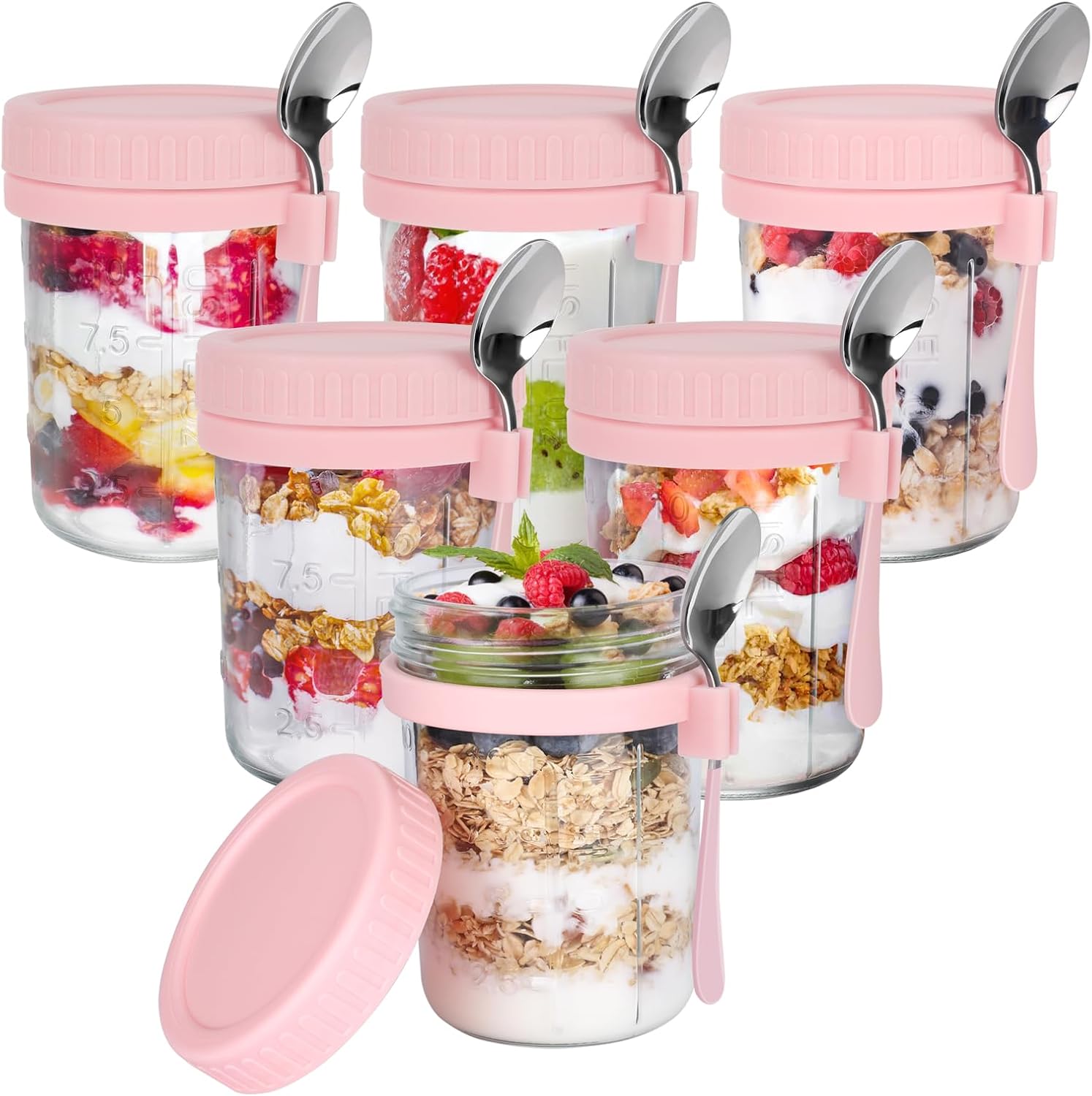 Birchmont 6 Pack Overnight Oats Containers with Lids & Spoons, 16 OZ Glass Mason Jars, 2.07 kg, Pink
