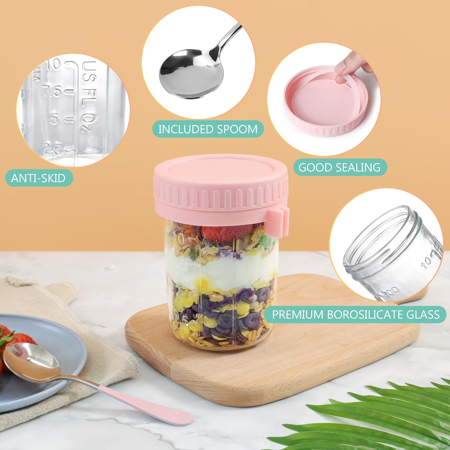 Birchmont 6 Pack Overnight Oats Containers with Lids & Spoons, 16 OZ Glass Mason Jars, 2.07 kg, Pink