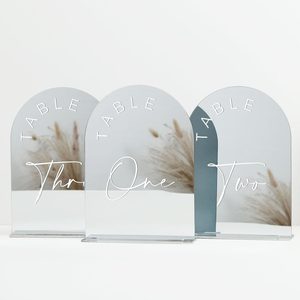 Barleyfield Sliver Arch Wedding Table Numbers 1-20 with Stands, 5x7 Inch Table Number 1-20, Sliver Mirror White Font