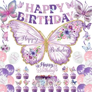 Aldernest Purple Butterfly Birthday Decorations, Happy Birthday Banner