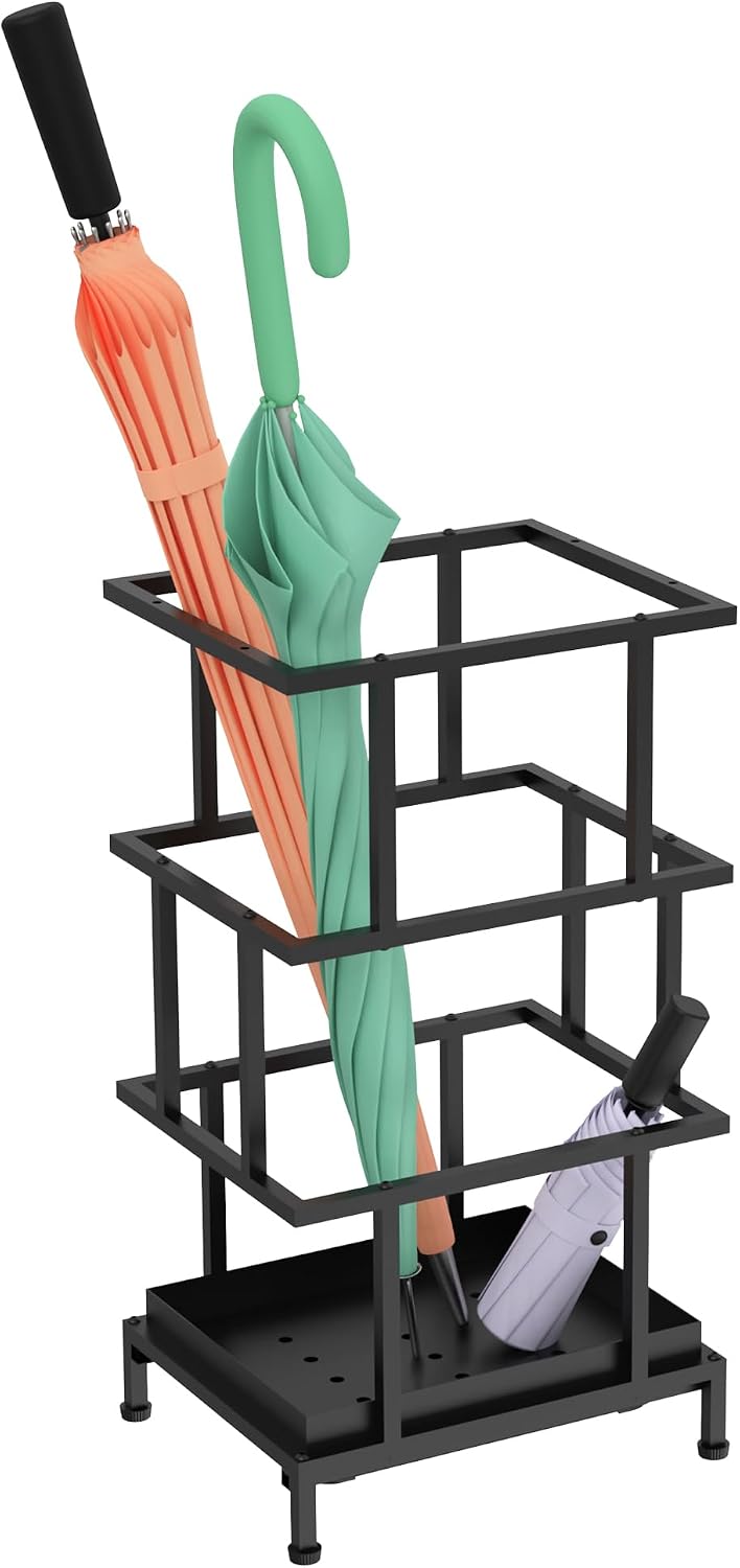 Barleyfield Umbrella Holder for Entryway, Metal Umbrella Stand with Water Tray and Cane Holder, 1.75 kg, Black