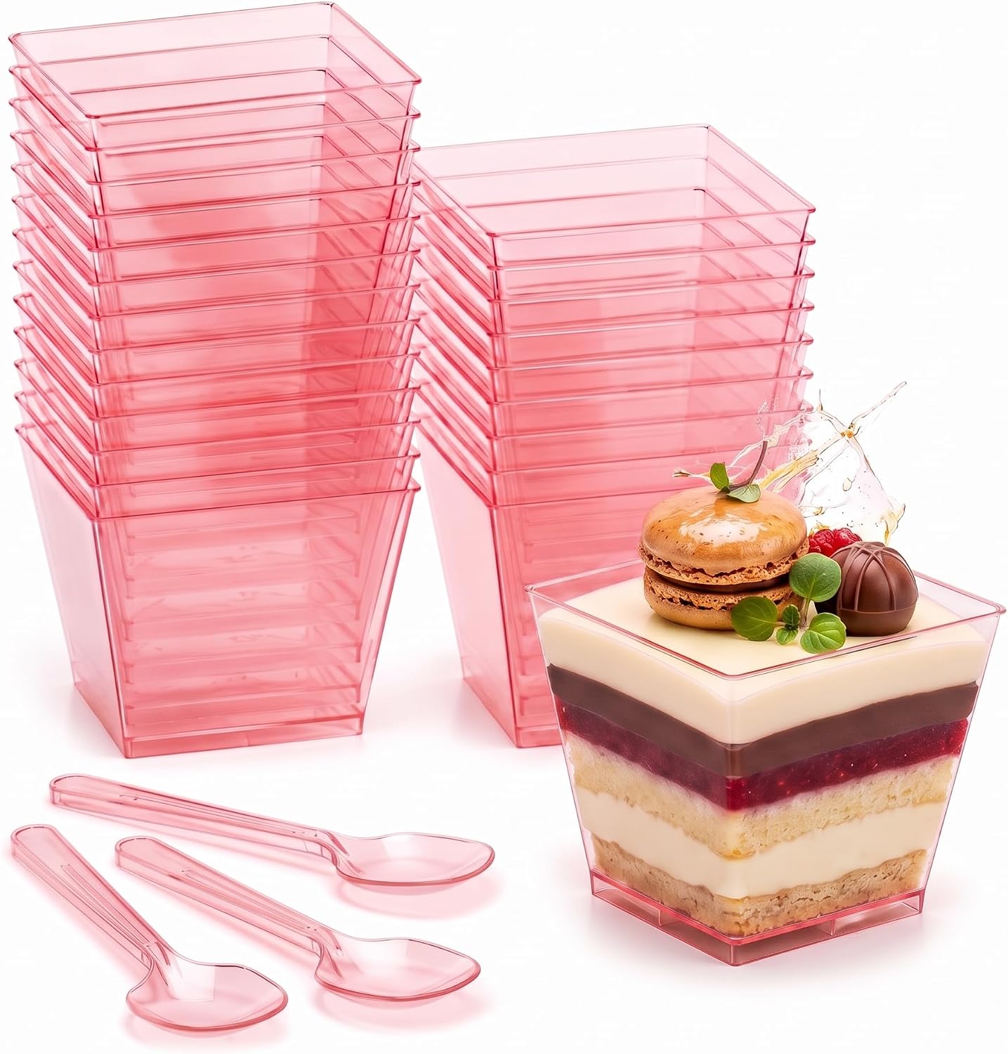 Aldernest 50 Sets Square Dessert Cups with Spoons, Disposable, 3.5 oz, Pink, 1.3 pounds
