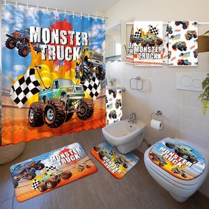 Ashenby 6 Pcs Monster Truck Shower Curtain Set with Rug Bathroom Sets, 1.9 pounds, Mainly Red