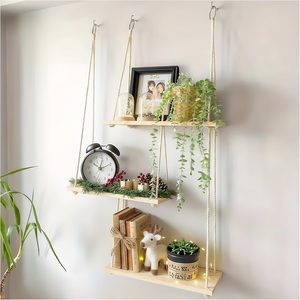 VelloHome 3-Tier Boho Hanging Shelves for Wall - Rustic Floating Wood Shelves with Rope, 8.8 ounces